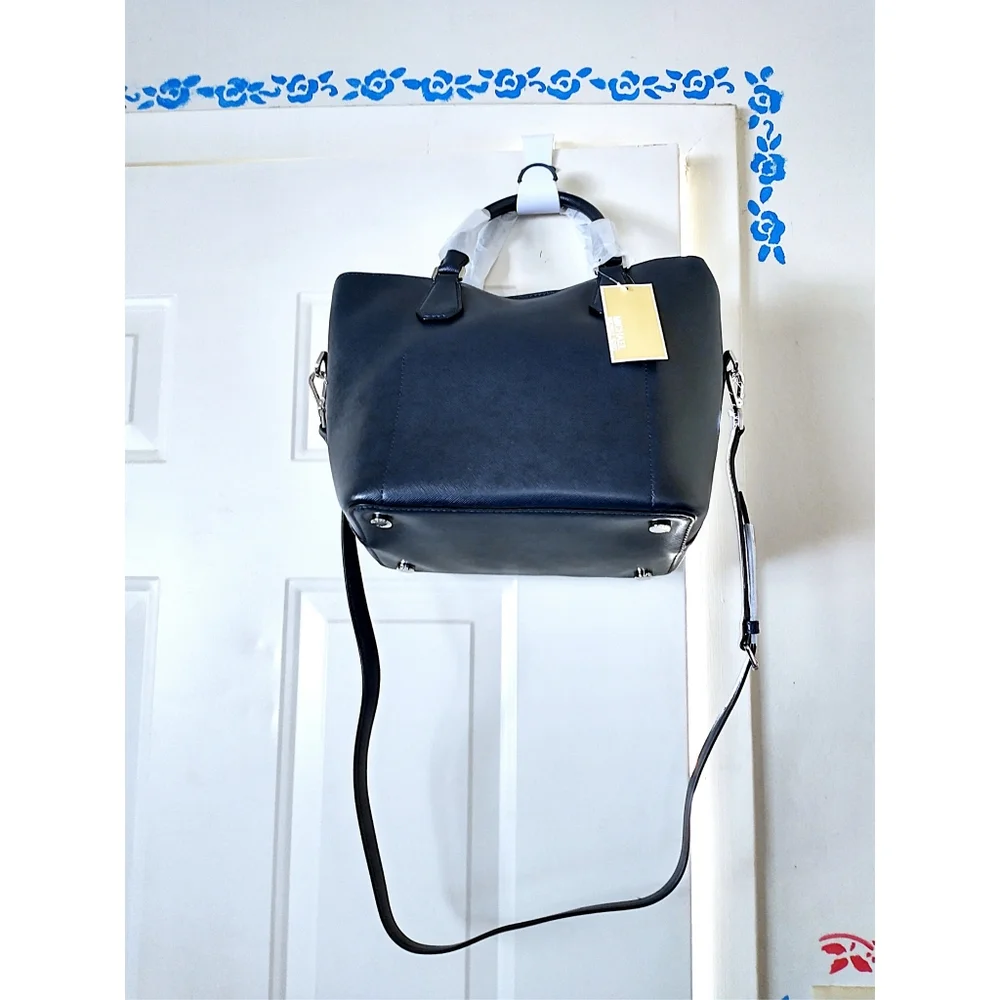 New! MICHAEL KORS Leather Greenwich Large Grab Bag Handbag Crossbody Navy Blue